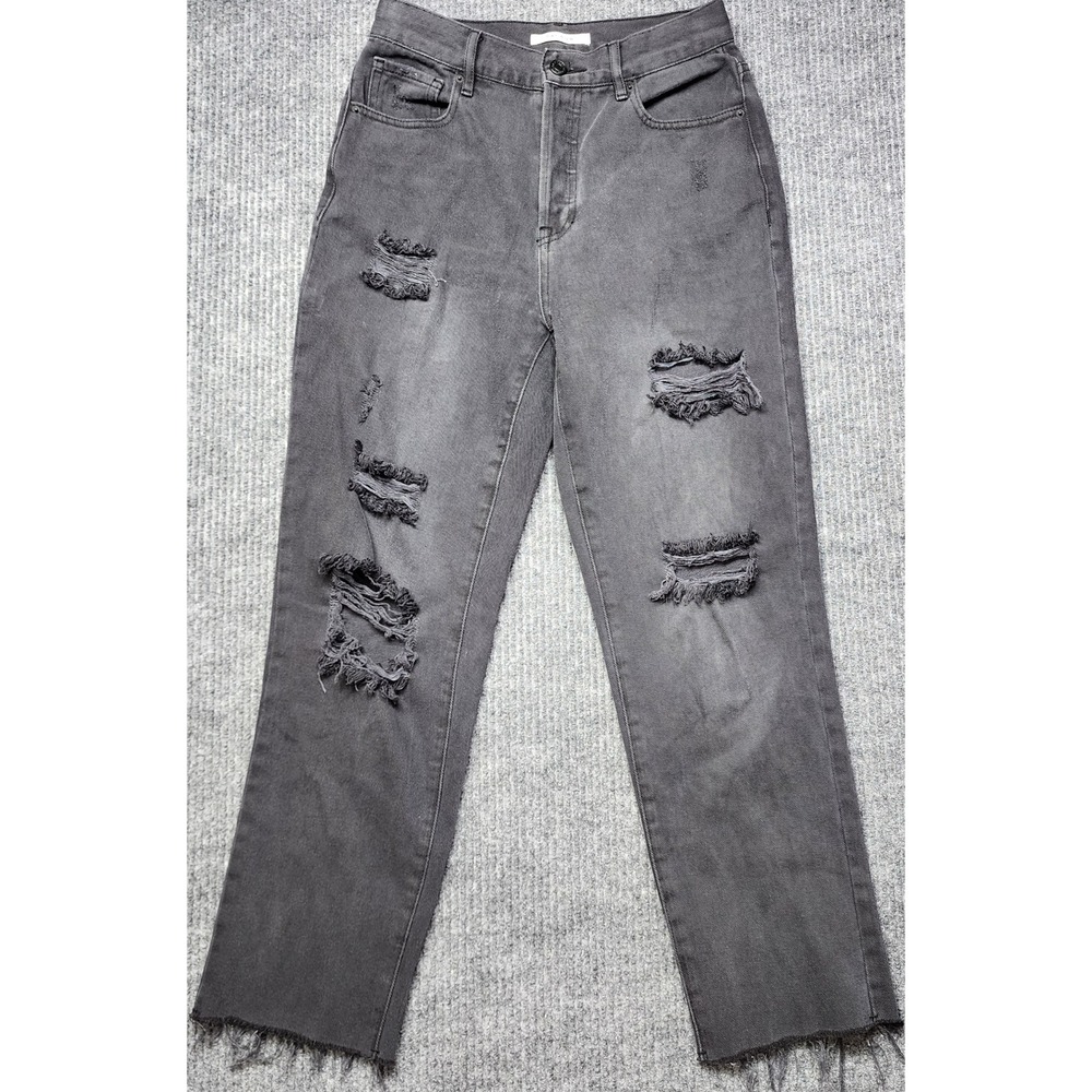 PacSun High Rise Straight Leg Jeans Washed Black Distressed Button Fly Size 28/6
